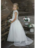 Beaded White Lace Tulle Flower Girl Dress Communion Dress